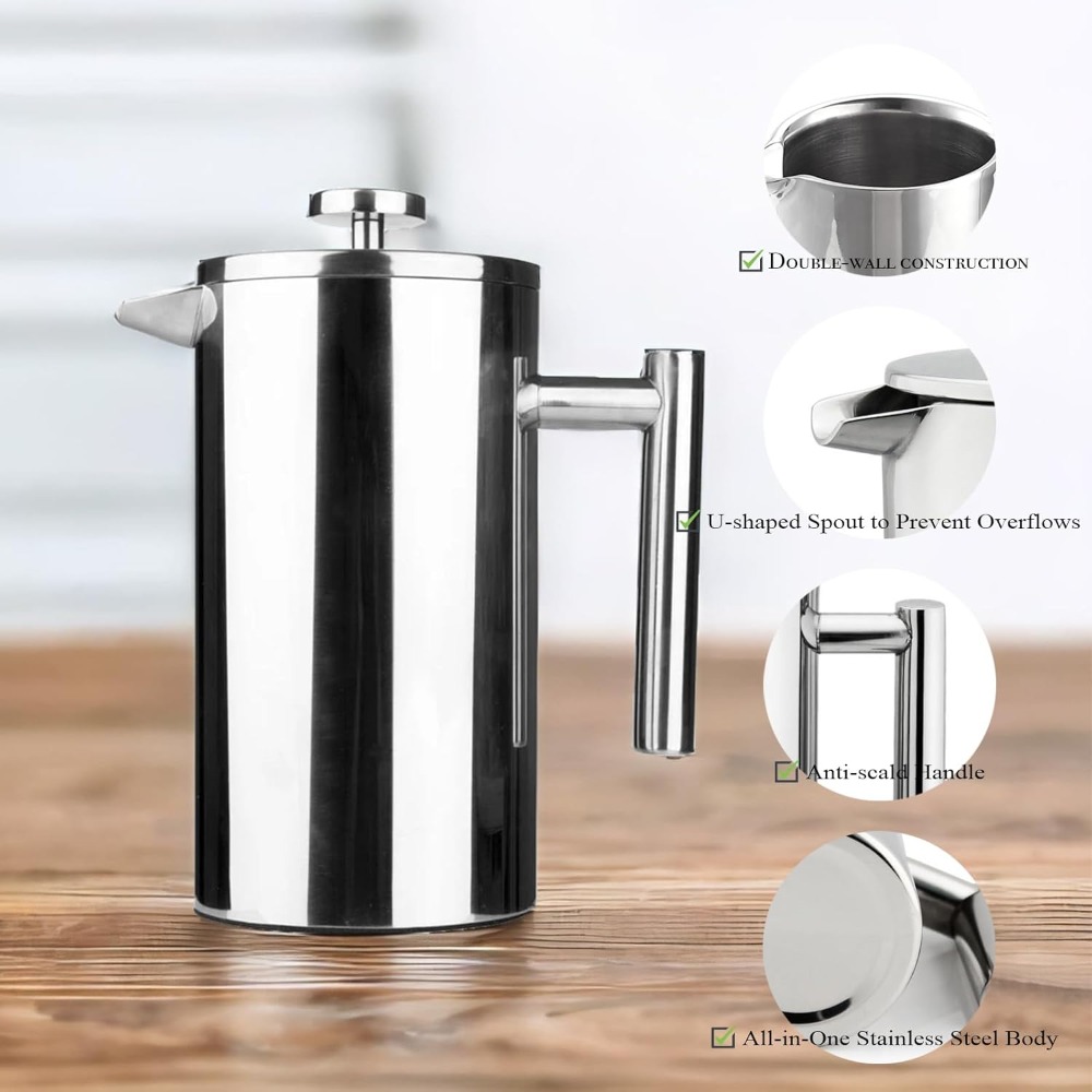 French Press Coffee Maker - Cafetière à piston, en acier inoxydable